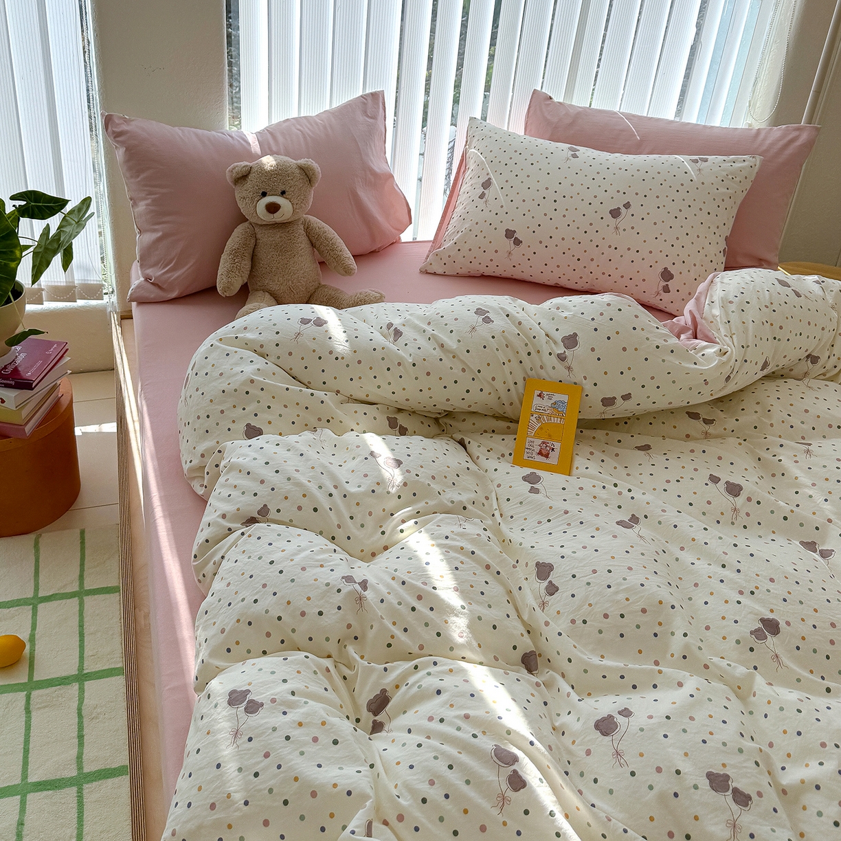 91家纺网 家纺一手货源 找家纺 竹合家纺 2026新款春款A类古法水洗仿棉云感棉小布袋四件套 波点气球