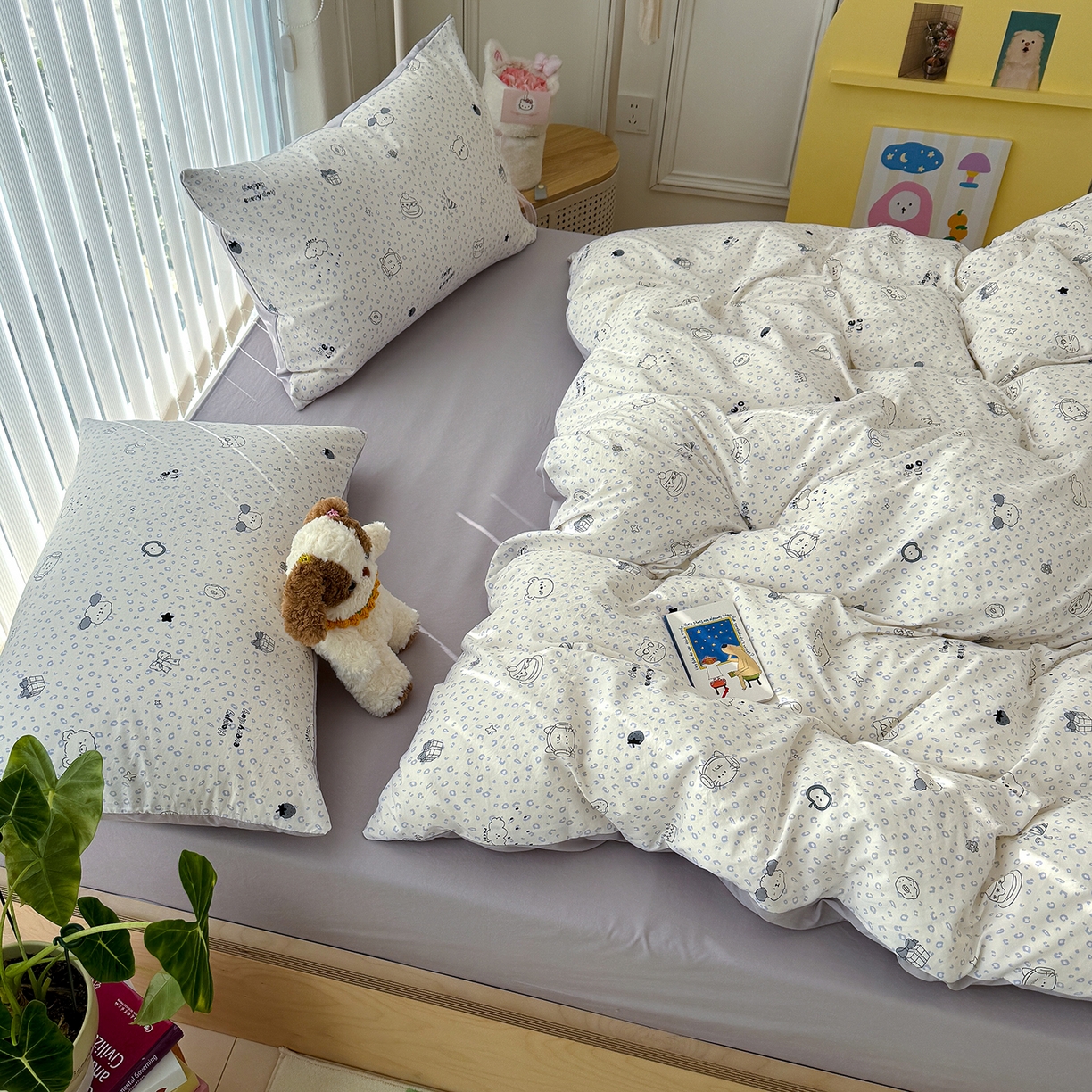 91家纺网 家纺一手货源 找家纺 竹合家纺 2026新款春款A类古法水洗仿棉云感棉小布袋四件套 礼物狗狗