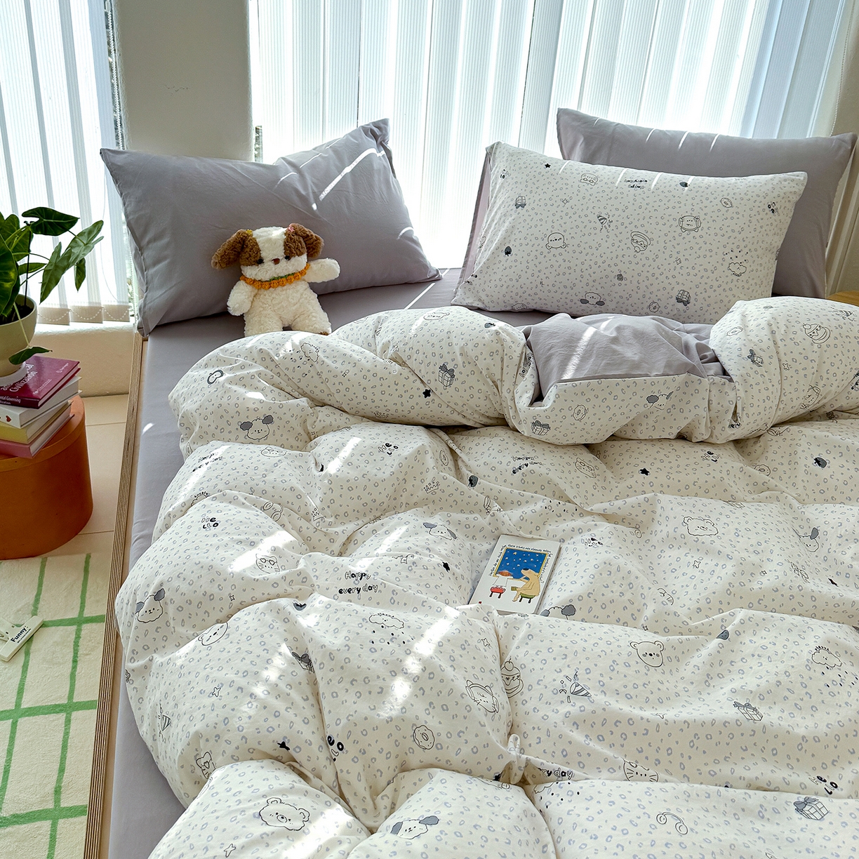 91家纺网 家纺一手货源 找家纺 竹合家纺 2026新款春款A类古法水洗仿棉云感棉小布袋四件套 礼物狗狗