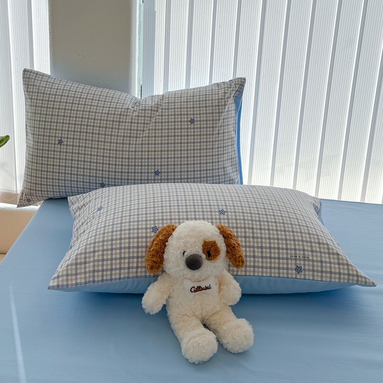 91家纺网 家纺一手货源 找家纺 竹合家纺 2026新款春款A类古法水洗仿棉云感棉小布袋四件套 星星蓝格