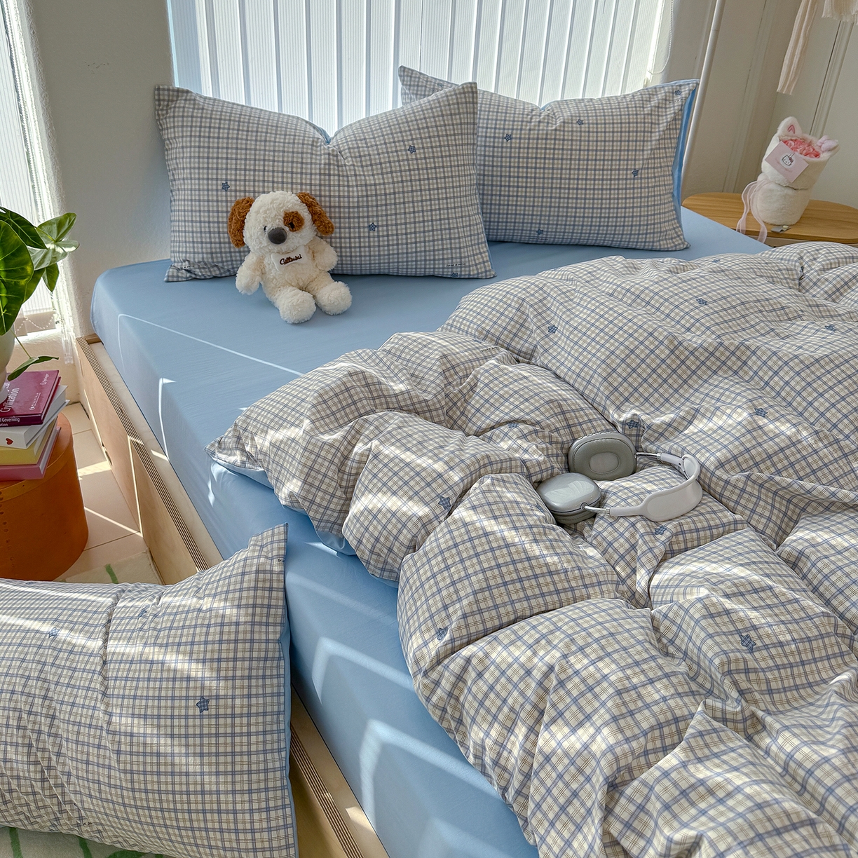 91家纺网 家纺一手货源 找家纺 竹合家纺 2026新款春款A类古法水洗仿棉云感棉小布袋四件套 星星蓝格