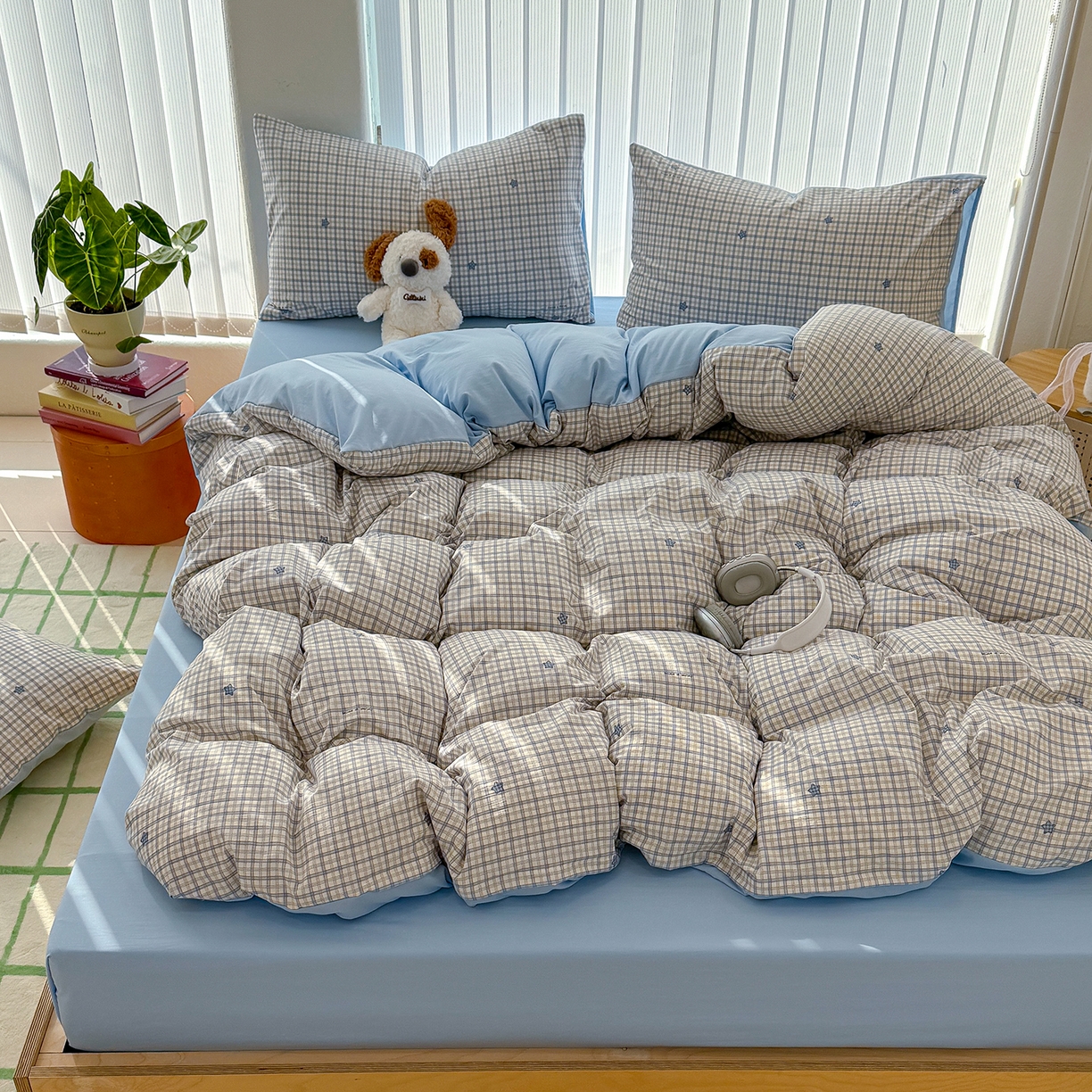 91家纺网 家纺一手货源 找家纺 竹合家纺 2026新款春款A类古法水洗仿棉云感棉小布袋四件套 星星蓝格