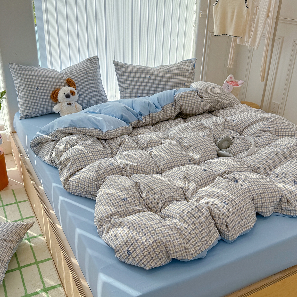 91家纺网 家纺一手货源 找家纺 竹合家纺 2026新款春款A类古法水洗仿棉云感棉小布袋四件套 星星蓝格