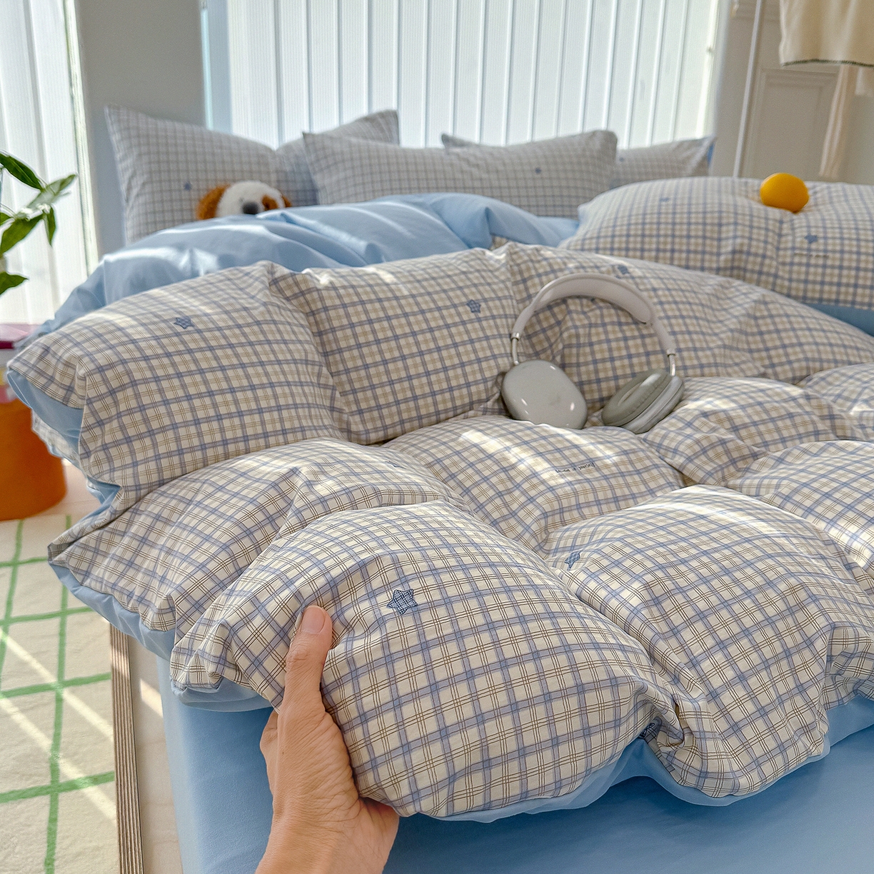 91家纺网 家纺一手货源 找家纺 竹合家纺 2026新款春款A类古法水洗仿棉云感棉小布袋四件套 星星蓝格