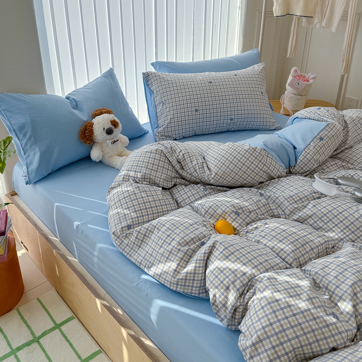 91家纺网 家纺一手货源 找家纺 竹合家纺 2026新款春款A类古法水洗仿棉云感棉小布袋四件套 星星蓝格