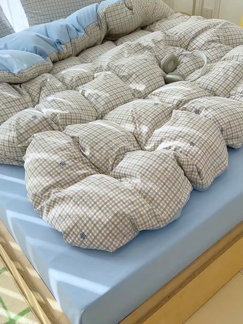 91家纺网 家纺一手货源 找家纺 竹合家纺 2026新款春款A类古法水洗仿棉云感棉小布袋四件套 星星蓝格