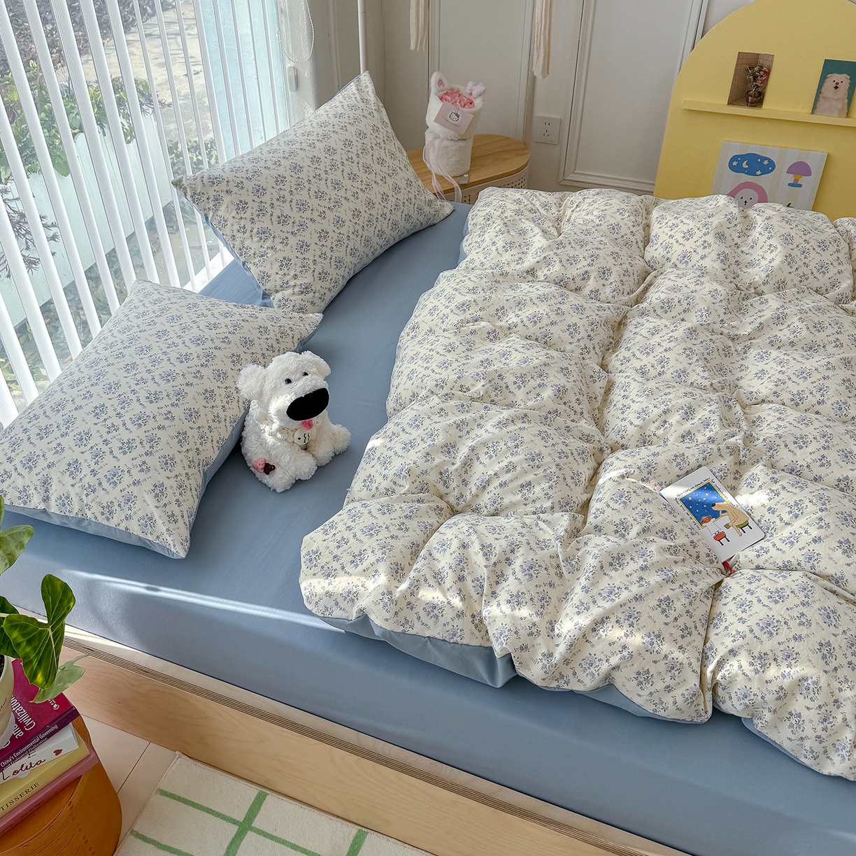 91家纺网 家纺一手货源 找家纺 竹合家纺 2026新款春款A类古法水洗仿棉云感棉小布袋四件套 蓝岛风铃