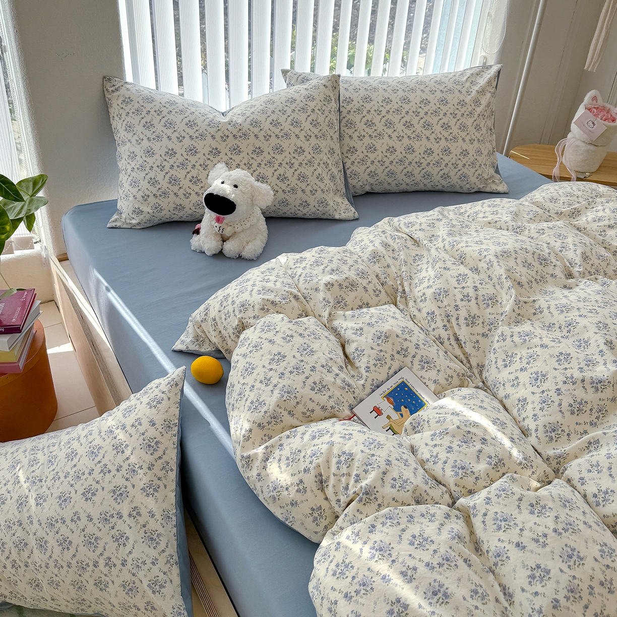 91家纺网 家纺一手货源 找家纺 竹合家纺 2026新款春款A类古法水洗仿棉云感棉小布袋四件套 蓝岛风铃