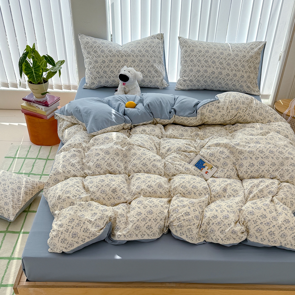 91家纺网 家纺一手货源 找家纺 竹合家纺 2026新款春款A类古法水洗仿棉云感棉小布袋四件套 蓝岛风铃