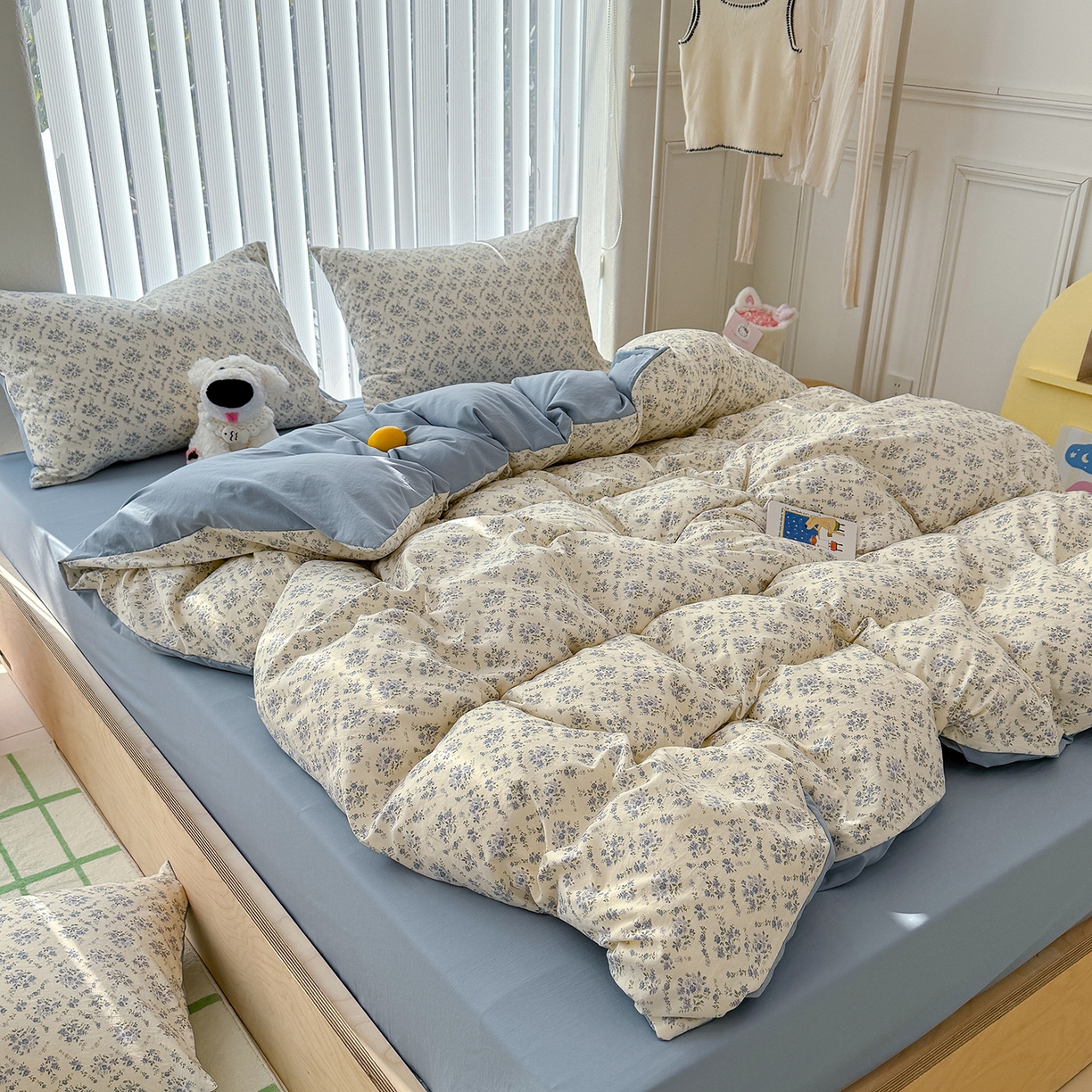 91家纺网 家纺一手货源 找家纺 竹合家纺 2026新款春款A类古法水洗仿棉云感棉小布袋四件套 蓝岛风铃