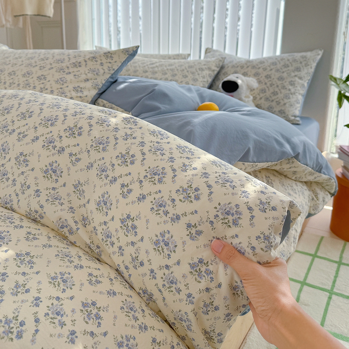 91家纺网 家纺一手货源 找家纺 竹合家纺 2026新款春款A类古法水洗仿棉云感棉小布袋四件套 蓝岛风铃