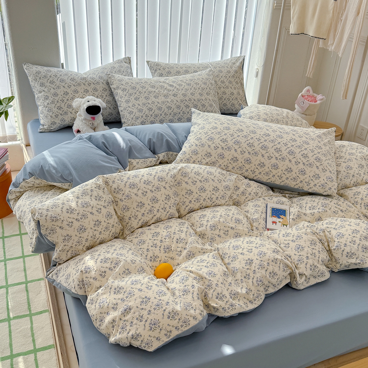 91家纺网 家纺一手货源 找家纺 竹合家纺 2026新款春款A类古法水洗仿棉云感棉小布袋四件套 蓝岛风铃