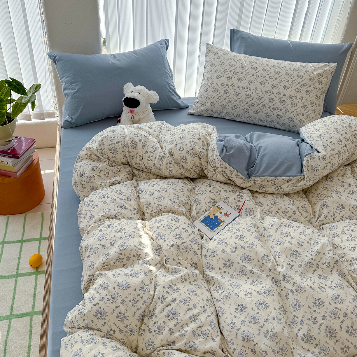 91家纺网 家纺一手货源 找家纺 竹合家纺 2026新款春款A类古法水洗仿棉云感棉小布袋四件套 蓝岛风铃