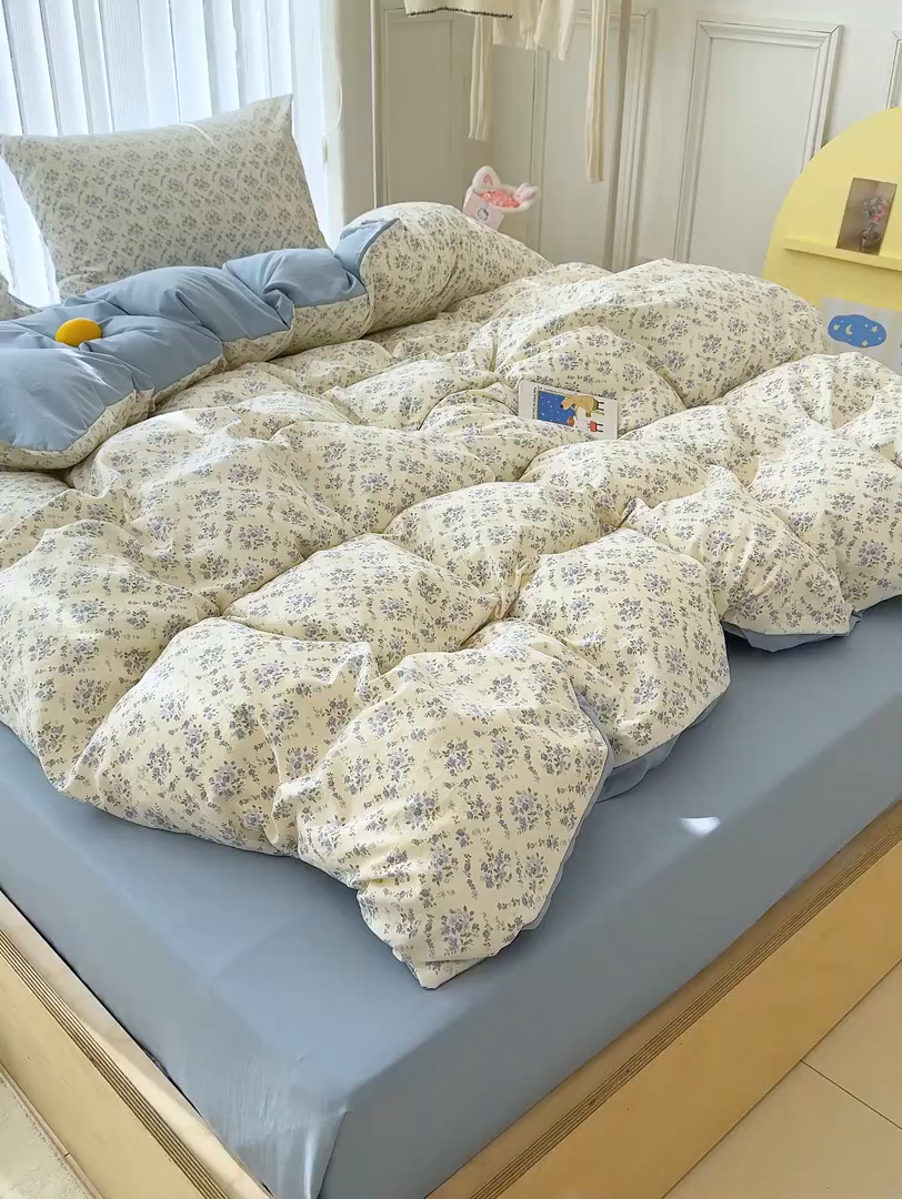 91家纺网 家纺一手货源 找家纺 竹合家纺 2026新款春款A类古法水洗仿棉云感棉小布袋四件套 蓝岛风铃