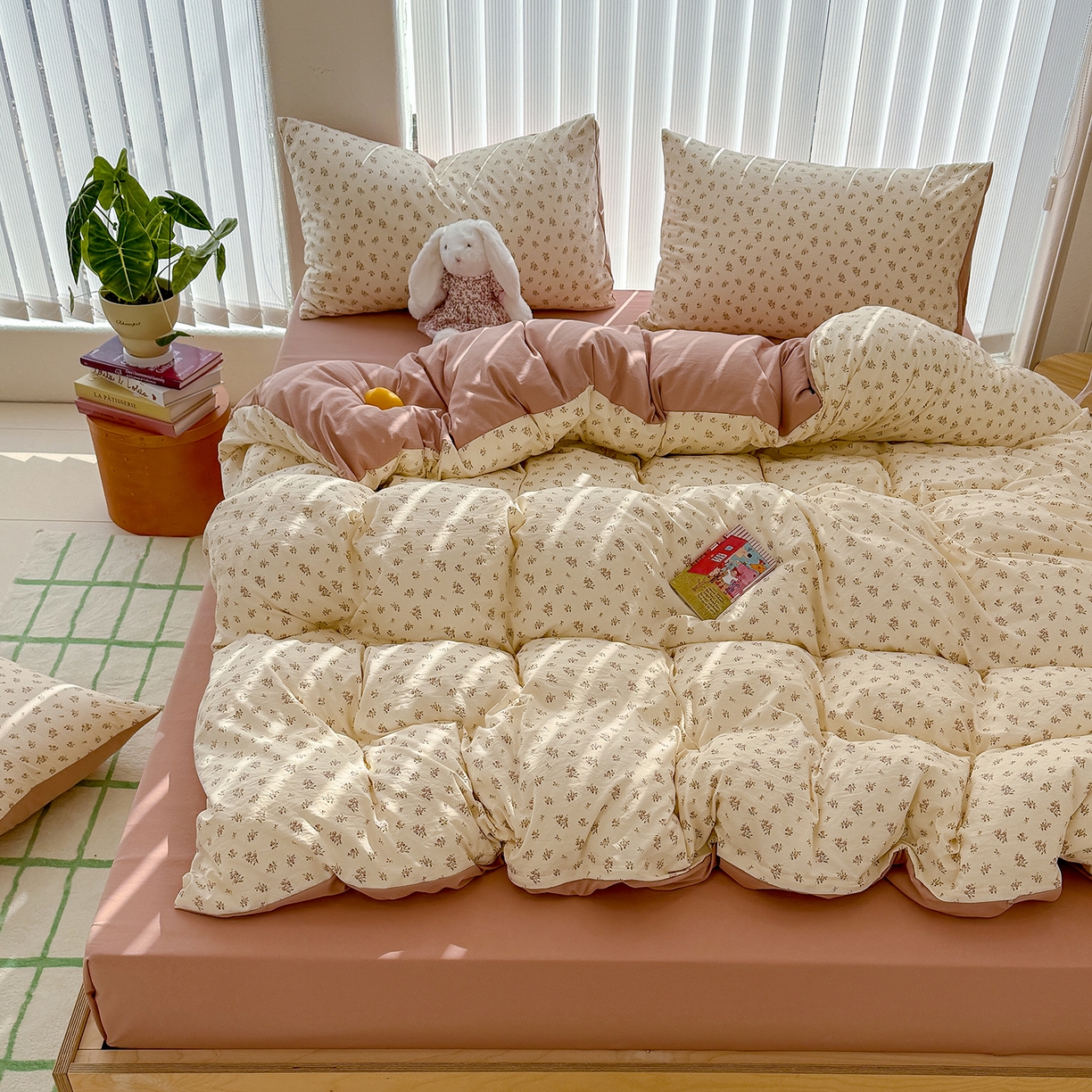 91家纺网 家纺一手货源 找家纺 竹合家纺 2026新款春款A类古法水洗仿棉云感棉小布袋四件套 靜听花开