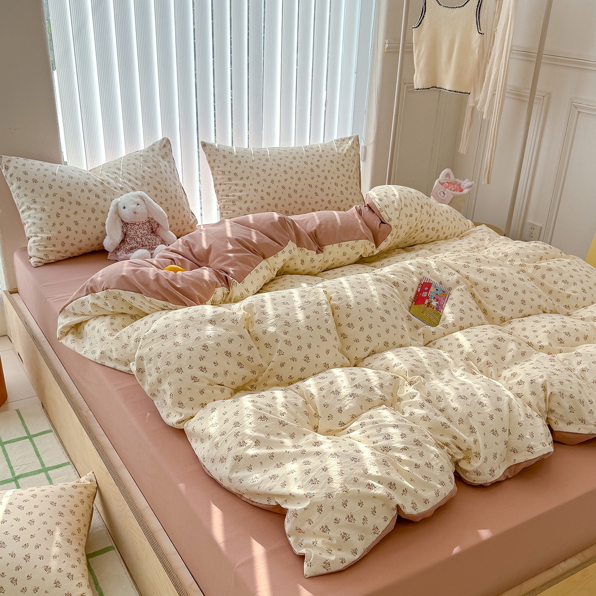 91家纺网 家纺一手货源 找家纺 竹合家纺 2026新款春款A类古法水洗仿棉云感棉小布袋四件套 靜听花开