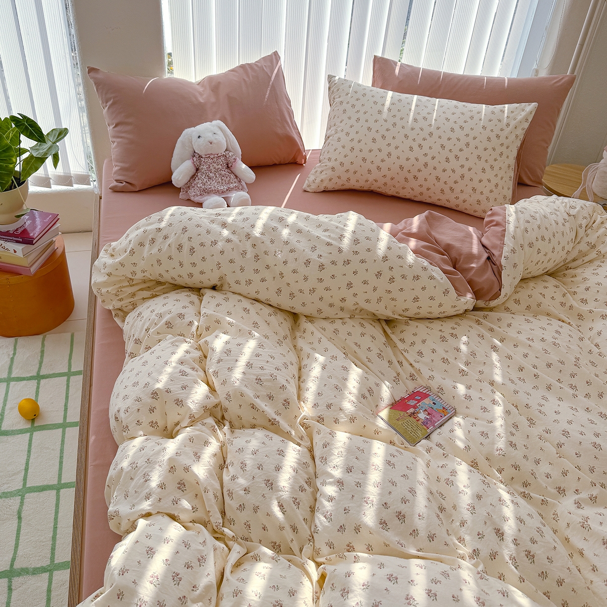 91家纺网 家纺一手货源 找家纺 竹合家纺 2026新款春款A类古法水洗仿棉云感棉小布袋四件套 靜听花开