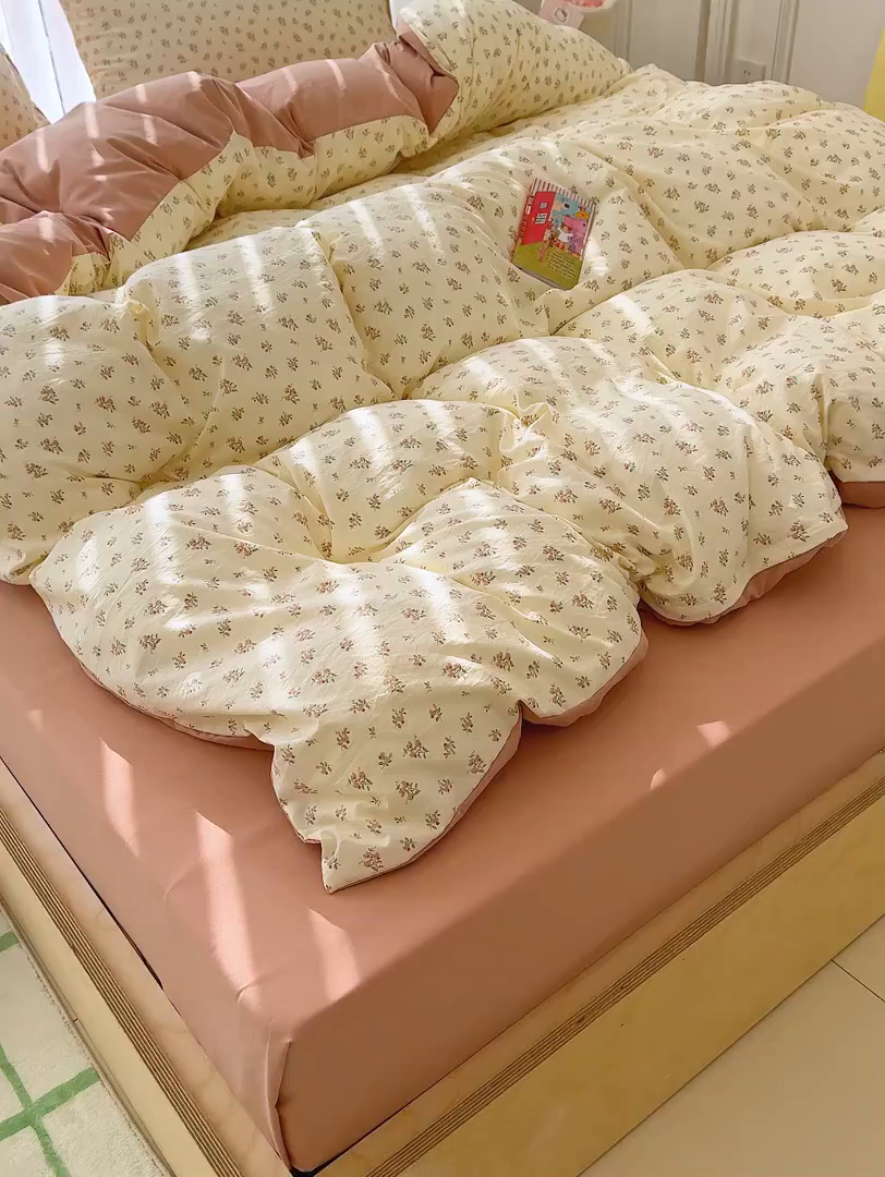 91家纺网 家纺一手货源 找家纺 竹合家纺 2026新款春款A类古法水洗仿棉云感棉小布袋四件套 靜听花开