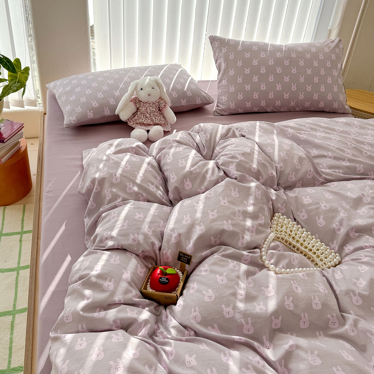 91家纺网 家纺一手货源 找家纺 竹合家纺 2026新款春款A类古法水洗仿棉云感棉小布袋四件套 吉米兔紫