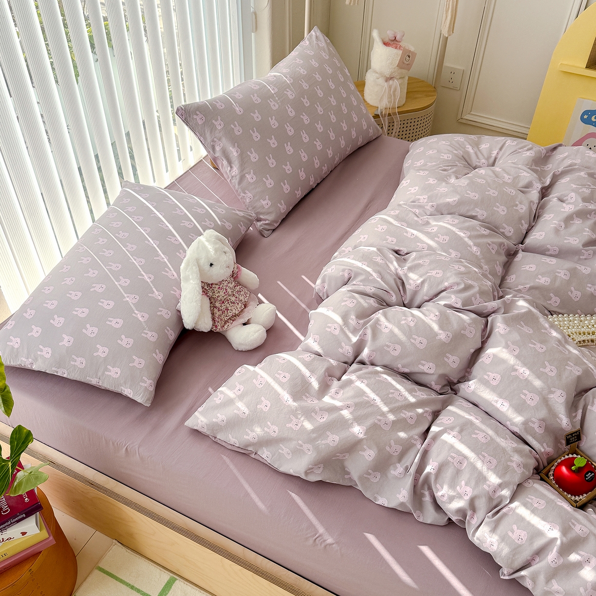 91家纺网 家纺一手货源 找家纺 竹合家纺 2026新款春款A类古法水洗仿棉云感棉小布袋四件套 吉米兔紫