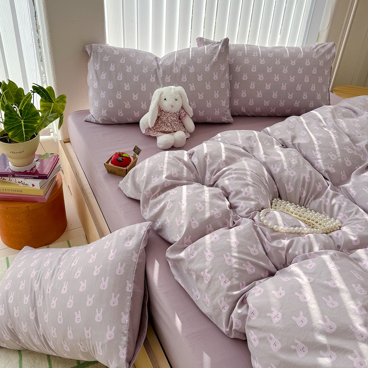 91家纺网 家纺一手货源 找家纺 竹合家纺 2026新款春款A类古法水洗仿棉云感棉小布袋四件套 吉米兔紫