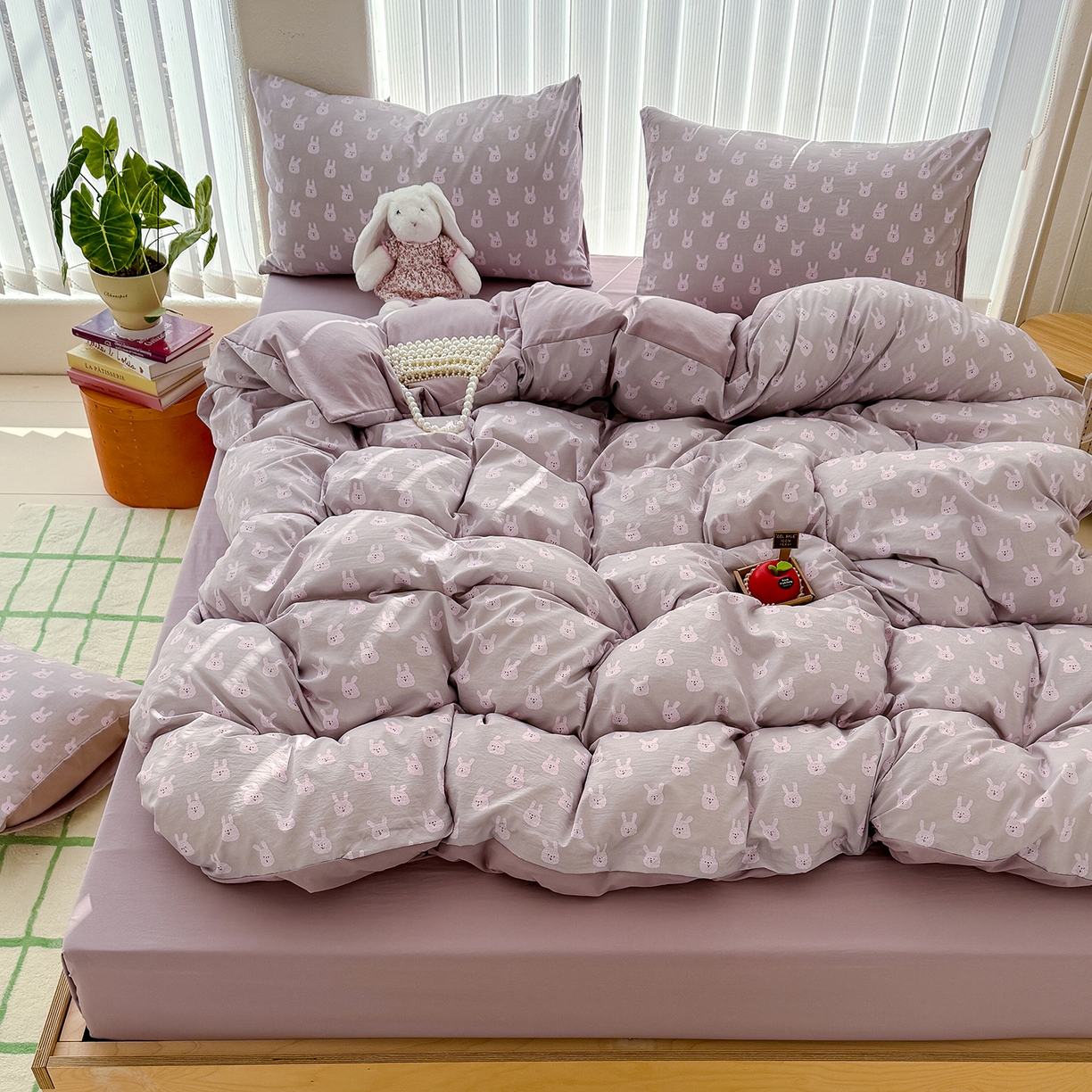 91家纺网 家纺一手货源 找家纺 竹合家纺 2026新款春款A类古法水洗仿棉云感棉小布袋四件套 吉米兔紫