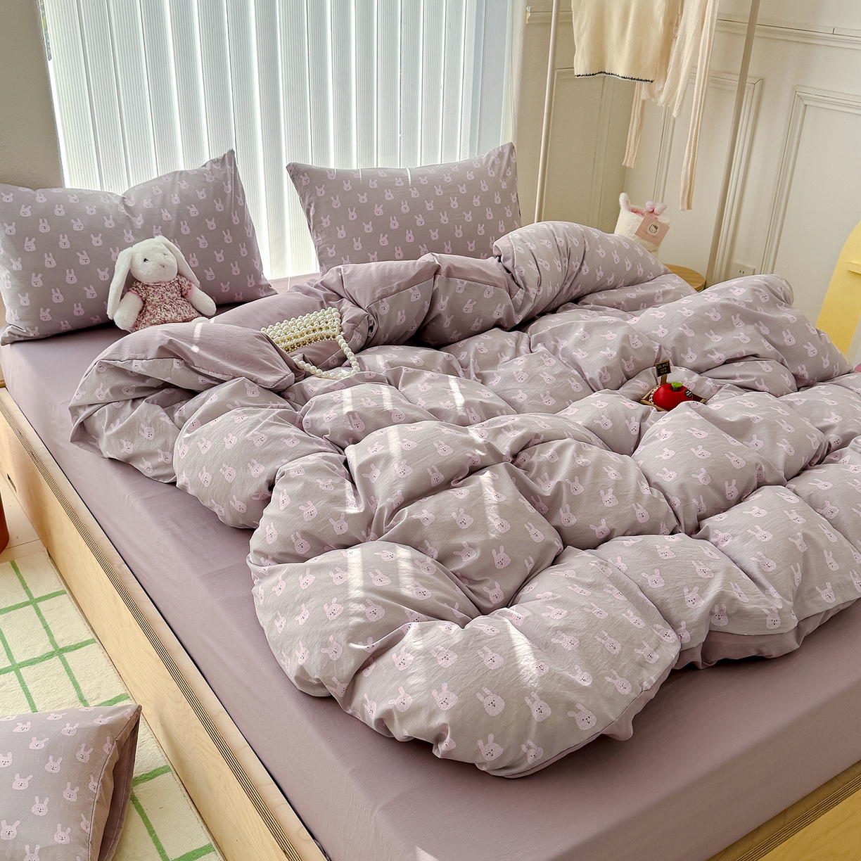 91家纺网 家纺一手货源 找家纺 竹合家纺 2026新款春款A类古法水洗仿棉云感棉小布袋四件套 吉米兔紫