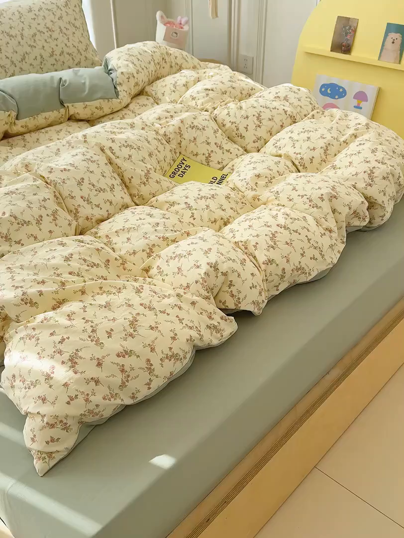 91家纺网 家纺一手货源 找家纺 竹合家纺 2026新款春款A类古法水洗仿棉云感棉小布袋四件套 花枝