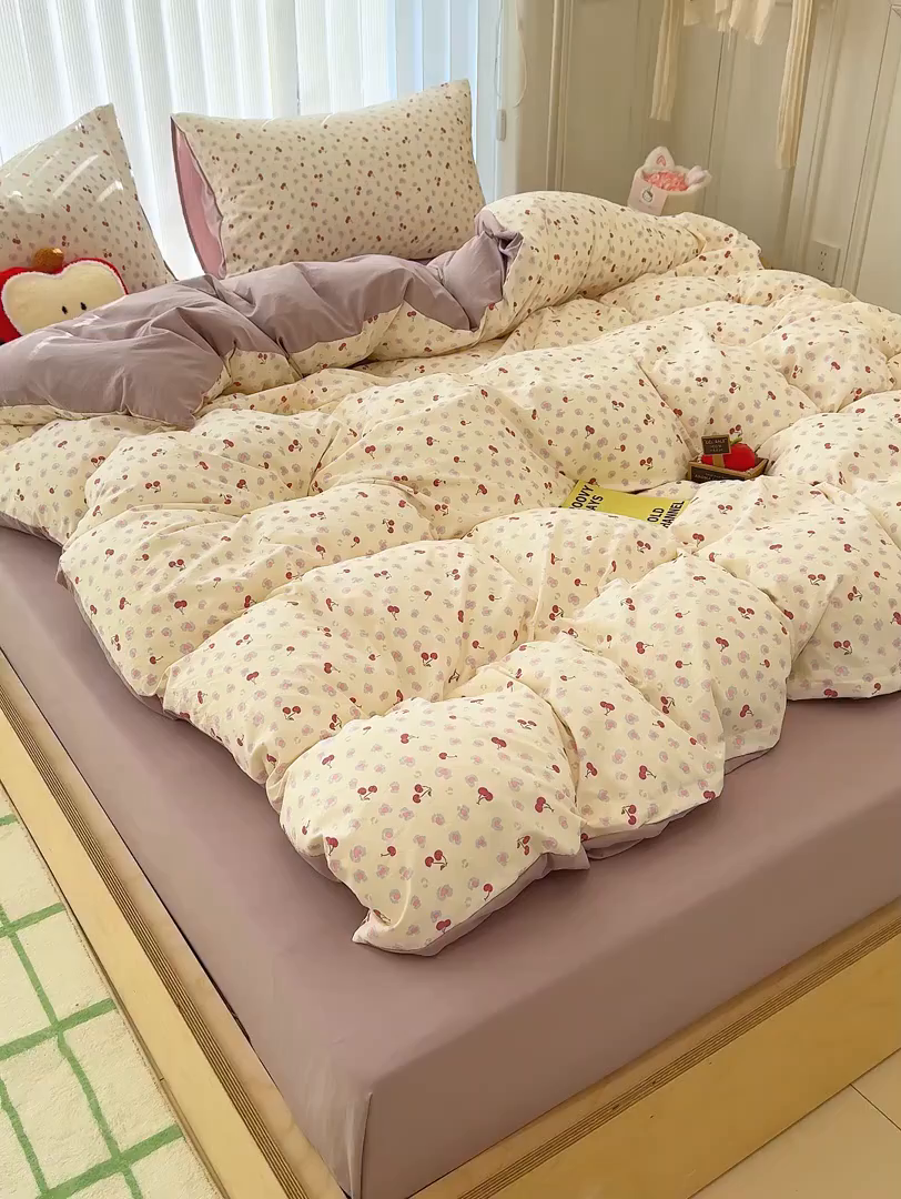 91家纺网 家纺一手货源 找家纺 竹合家纺 2026新款春款A类古法水洗仿棉云感棉小布袋四件套 蜜恋樱桃
