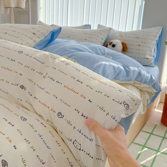 91家纺网 家纺一手货源 找家纺 竹合家纺 2026新款春款A类古法水洗仿棉云感棉小布袋四件套 KT小鱼