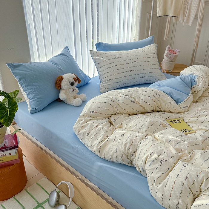 91家纺网 家纺一手货源 找家纺 竹合家纺 2026新款春款A类古法水洗仿棉云感棉小布袋四件套 KT小鱼