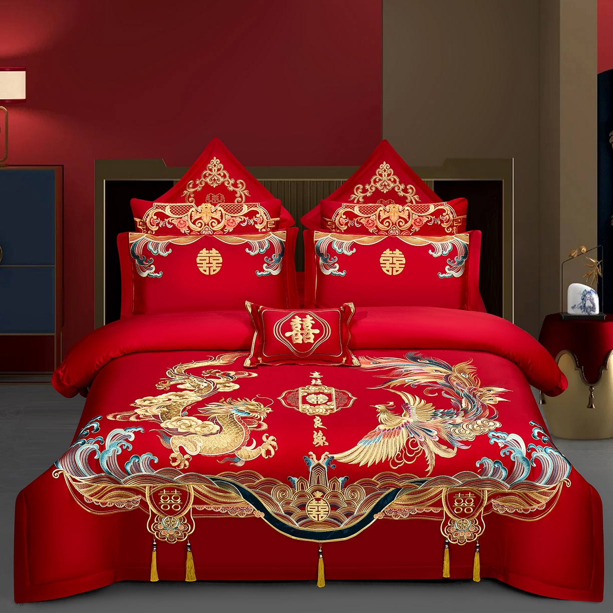 布乐意 2025新款全棉长绒棉贡缎提花全工艺喷气重工新中式绣花大红婚庆四件套多件套直播 龙凤良缘