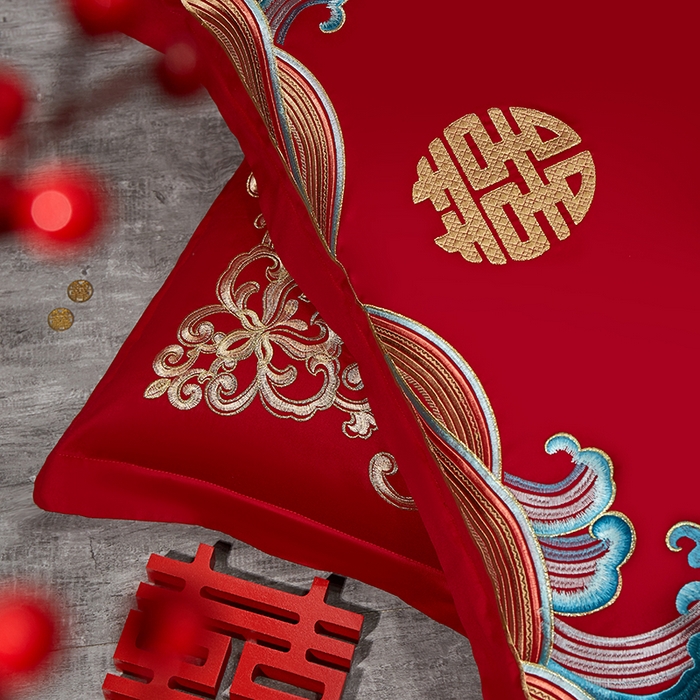 91家纺网 家纺一手货源 找家纺 布乐意 2025新款全棉长绒棉贡缎提花全工艺喷气重工新中式绣花大红婚庆四件套多件套直播 龙凤良缘