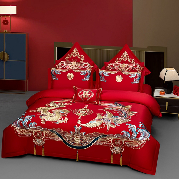 91家纺网 家纺一手货源 找家纺 布乐意 2025新款全棉长绒棉贡缎提花全工艺喷气重工新中式绣花大红婚庆四件套多件套直播 龙凤良缘