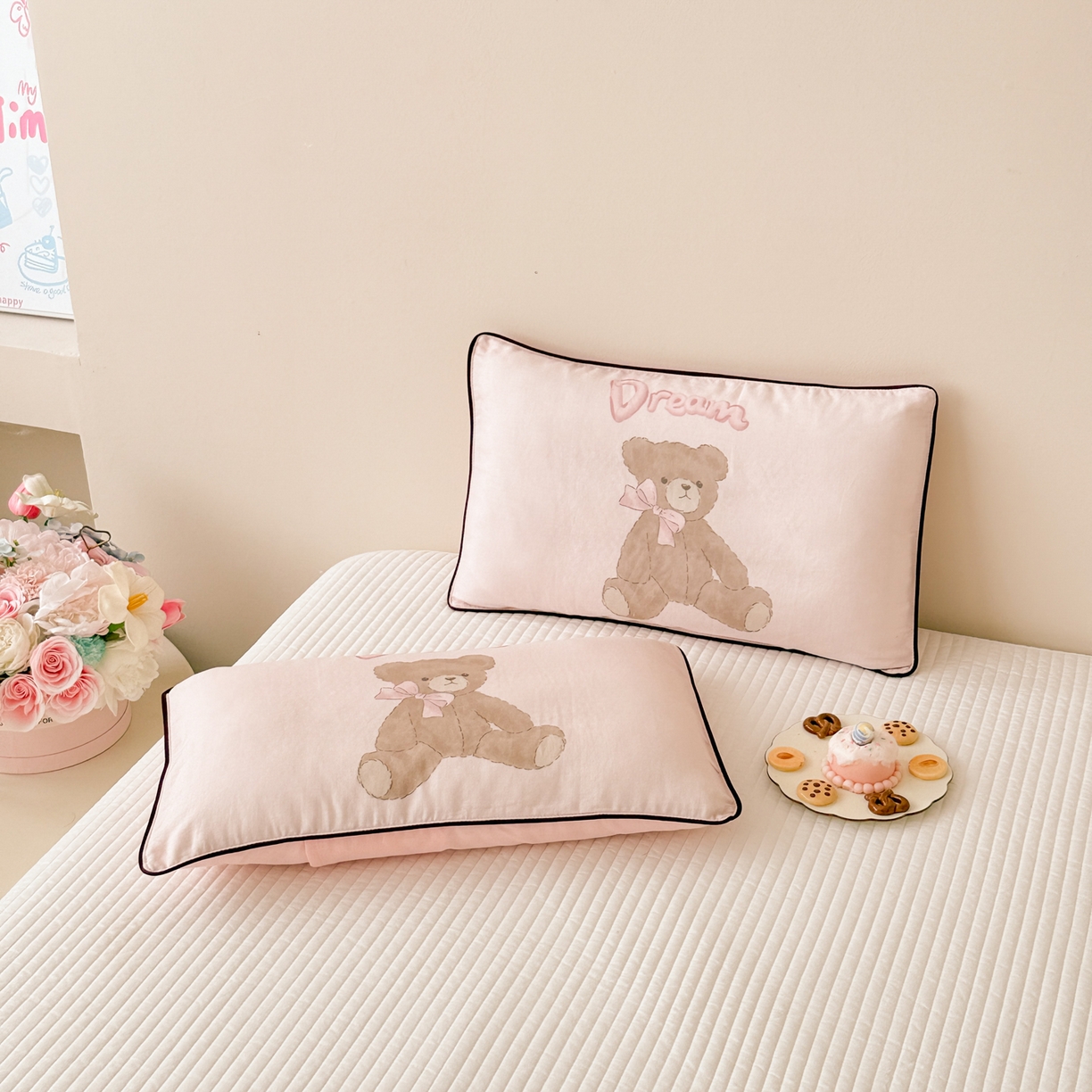 呗旺鹿 2025新款A类全棉双层纱单枕套儿童枕头套 蝴蝶结小熊