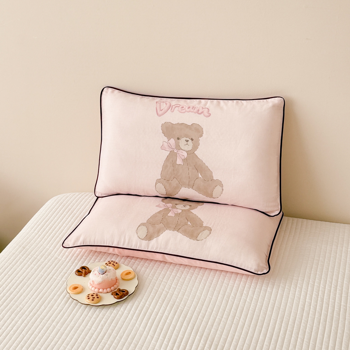 91家纺网 家纺一手货源 找家纺 呗旺鹿 2025新款A类全棉双层纱单枕套儿童枕头套 蝴蝶结小熊