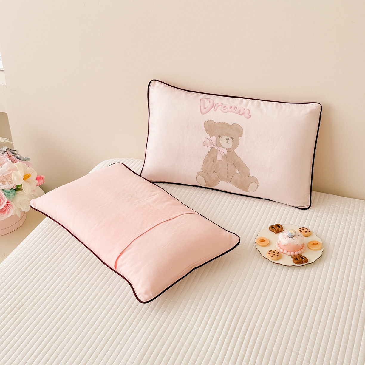 91家纺网 家纺一手货源 找家纺 呗旺鹿 2025新款A类全棉双层纱单枕套儿童枕头套 蝴蝶结小熊