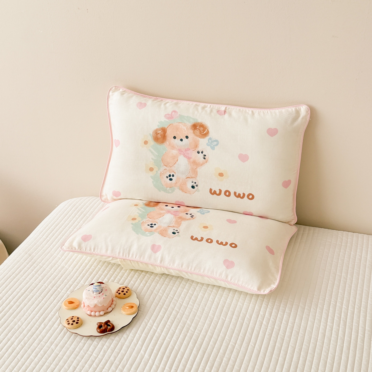 91家纺网 家纺一手货源 找家纺 呗旺鹿 2025新款A类全棉双层纱单枕套儿童枕头套 开心小熊