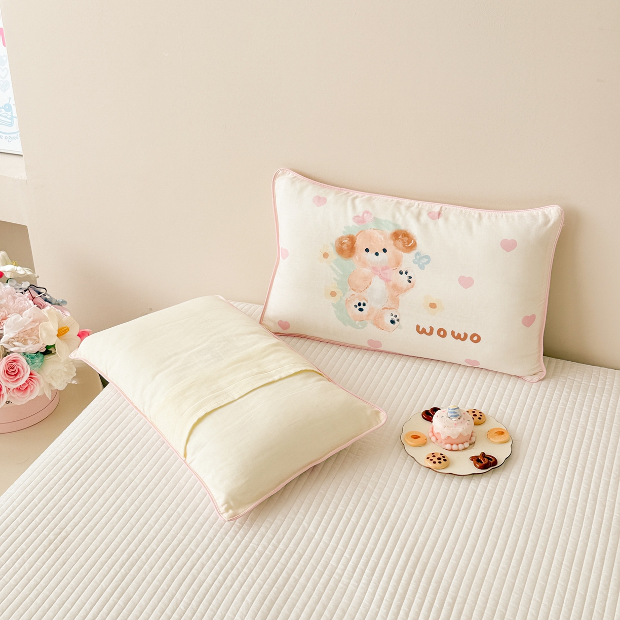 91家纺网 家纺一手货源 找家纺 呗旺鹿 2025新款A类全棉双层纱单枕套儿童枕头套 开心小熊