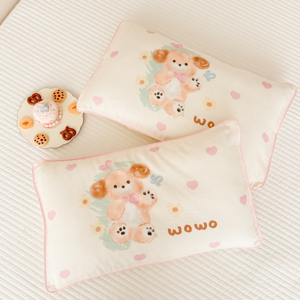 91家纺网 家纺一手货源 找家纺 呗旺鹿 2025新款A类全棉双层纱单枕套儿童枕头套 开心小熊