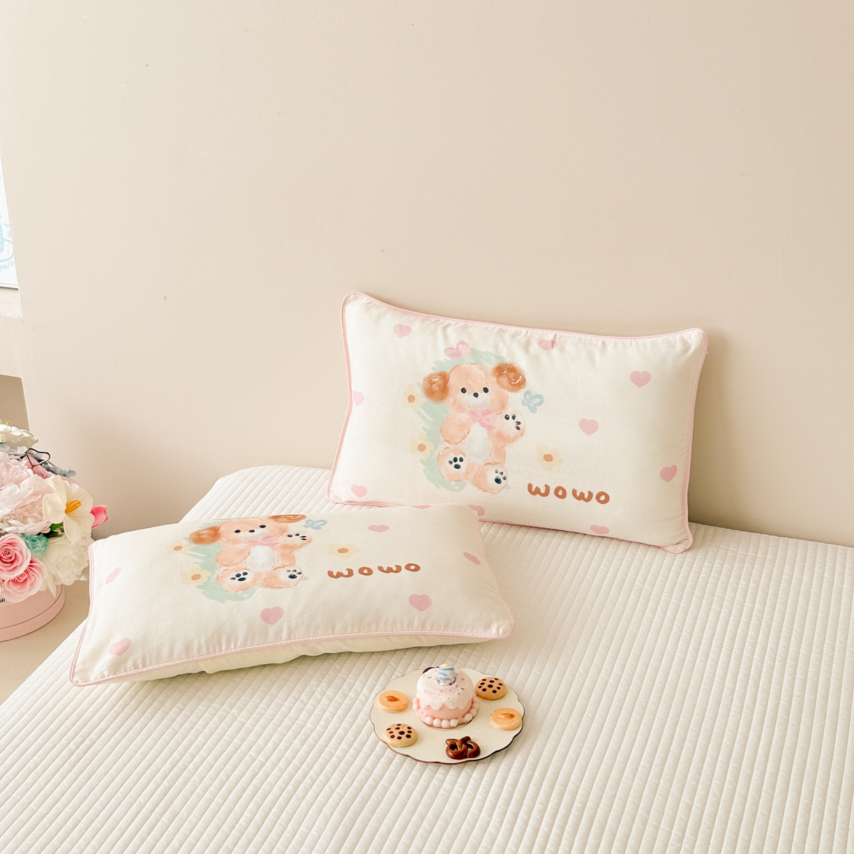 呗旺鹿 2025新款A类全棉双层纱单枕套儿童枕头套 开心小熊