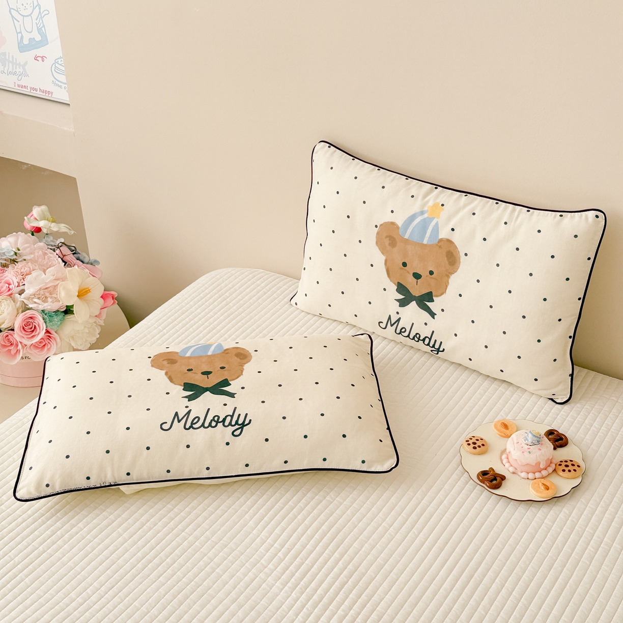 呗旺鹿 2025新款A类全棉双层纱单枕套儿童枕头套 帽子小熊