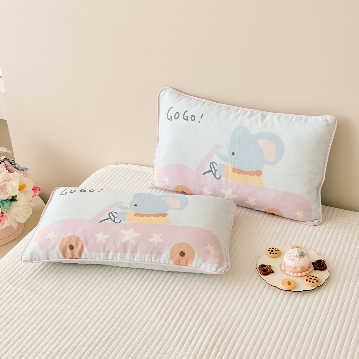 呗旺鹿 2025新款A类全棉双层纱单枕套儿童枕头套 汽车小象