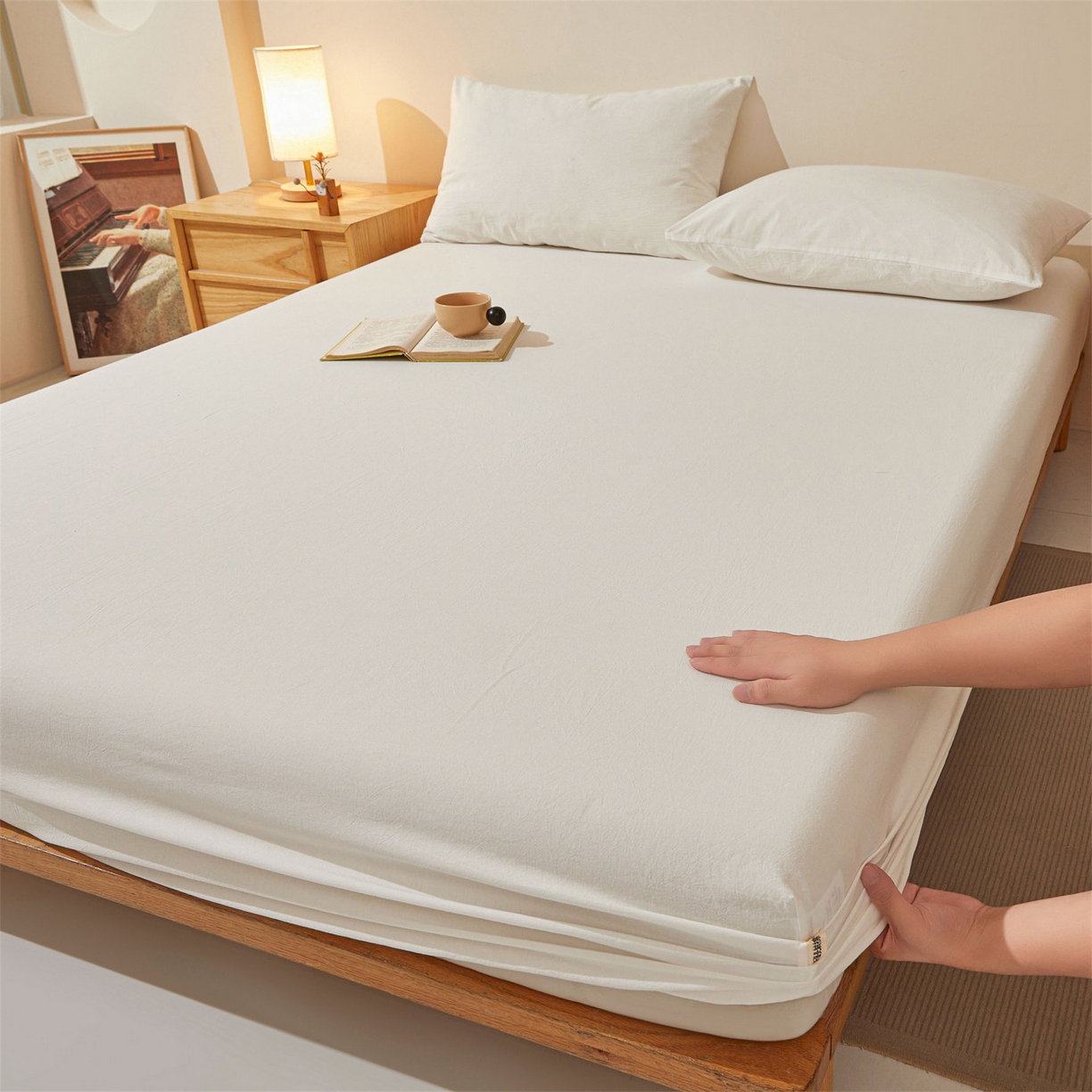 91家纺网 家纺一手货源 找家纺 （总）优眠坊 2026新款全棉色织水洗纯色条格纯棉单层床笠床垫保护套