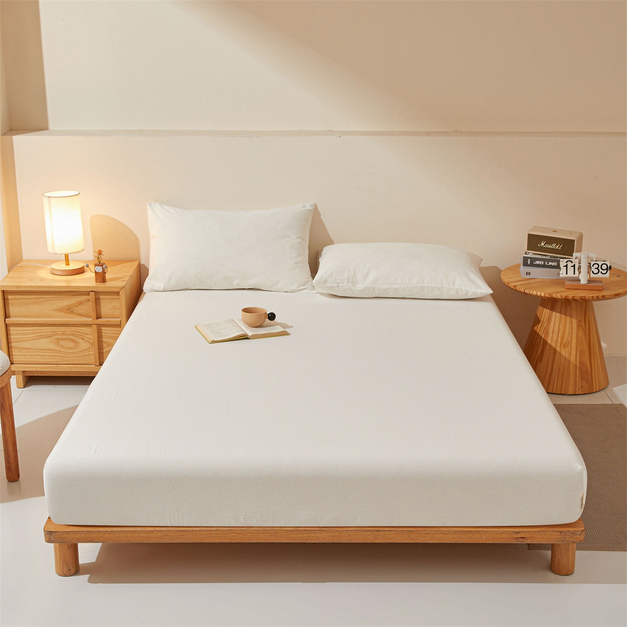 优眠坊 2026新款全棉色织水洗纯色条格纯棉单层床笠床垫保护套 拾忆-白色