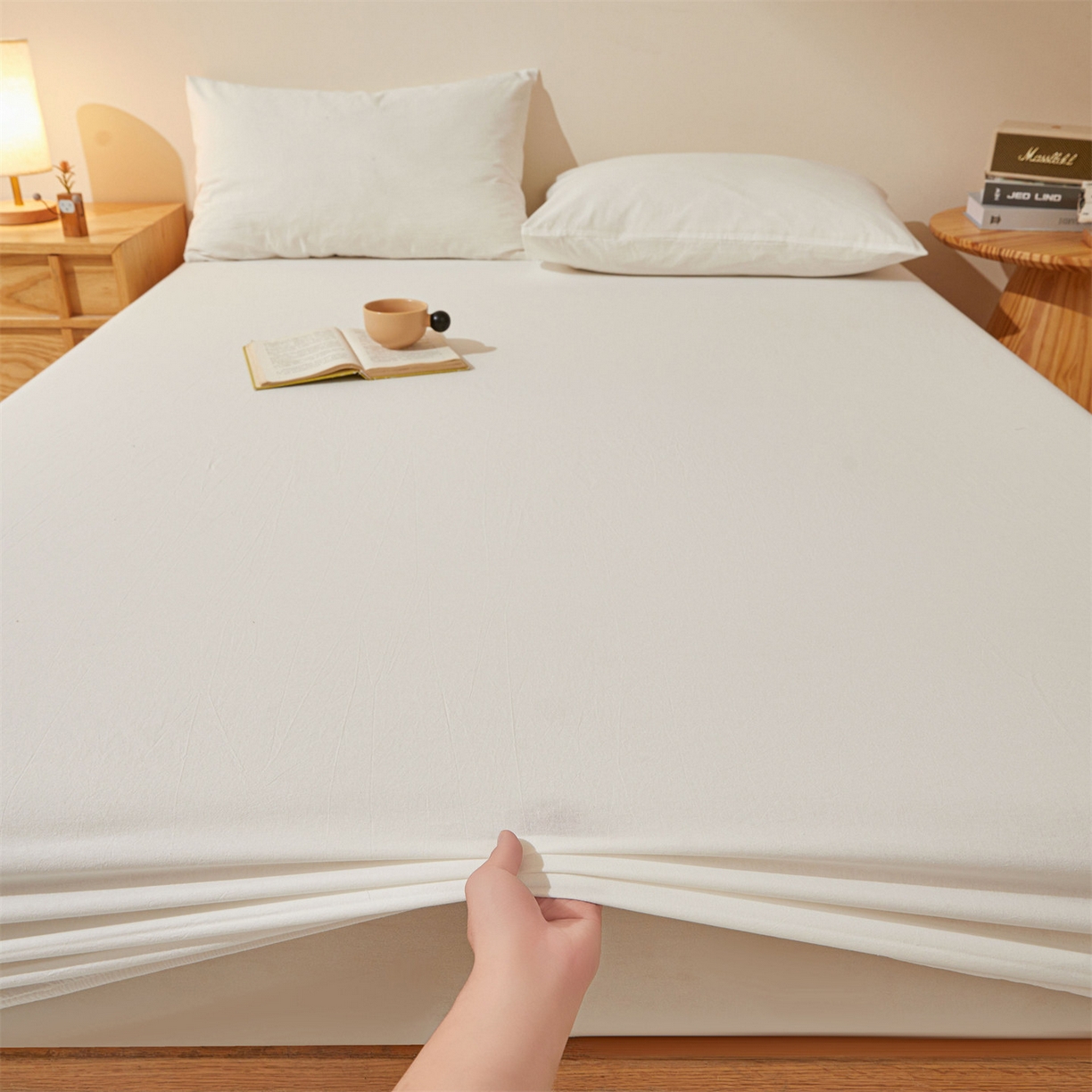 91家纺网 家纺一手货源 找家纺 优眠坊 2026新款全棉色织水洗纯色条格纯棉单层床笠床垫保护套 拾忆-白色