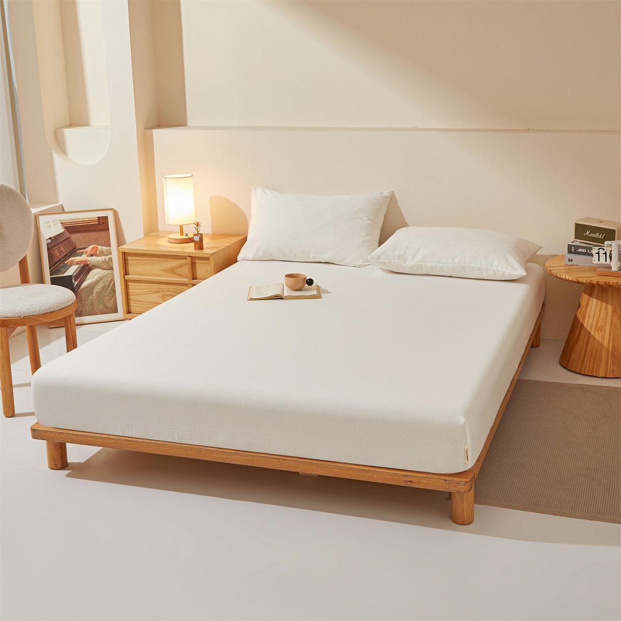 91家纺网 家纺一手货源 找家纺 优眠坊 2026新款全棉色织水洗纯色条格纯棉单层床笠床垫保护套 拾忆-白色