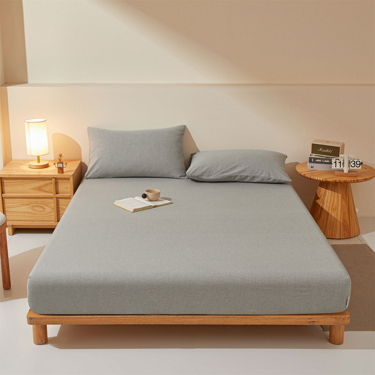 优眠坊 2026新款全棉色织水洗纯色条格纯棉单层床笠床垫保护套 拾忆-灰色