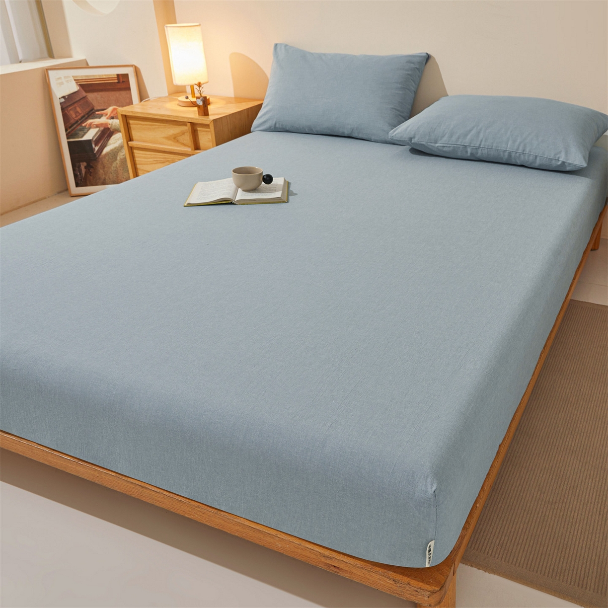 91家纺网 家纺一手货源 找家纺 优眠坊 2026新款全棉色织水洗纯色条格纯棉单层床笠床垫保护套 拾忆-浅蓝