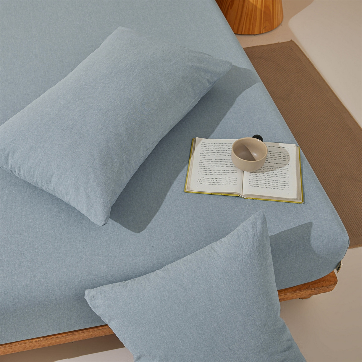 91家纺网 家纺一手货源 找家纺 优眠坊 2026新款全棉色织水洗纯色条格纯棉单层床笠床垫保护套 拾忆-浅蓝